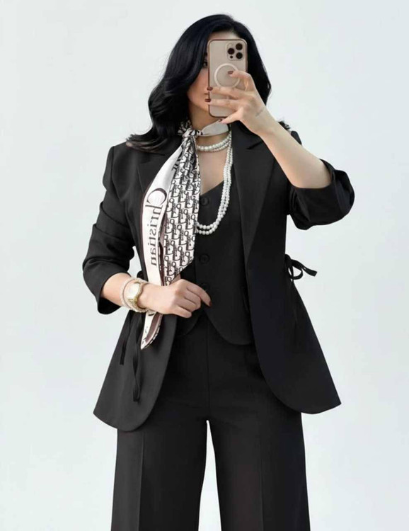 خرید ست سه تیکه مجلسی زنانه مدل شارلوت کرپ مازراتی مشکی۲👗✨