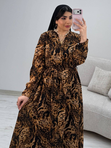 خرید ساحلی حریر پلنگی مدل دلمار آستردار شیک و مجلسی از آروما فشن با بهترین قیمت و ارسال سریع