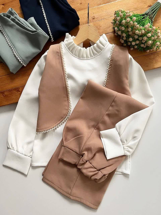 لباس مجلسی دخترانه شیک ۶ تا ۱۰ سال مدل وست مرواریدی با کیفیت عالی بدون ژورنال کرم و ارسال فوری آروما فشن نمای ۱