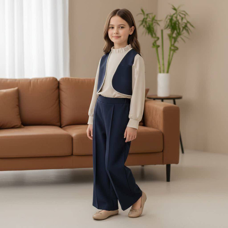 لباس مجلسی دخترانه شیک ۶ تا ۱۰ سال مدل وست مرواریدی با کیفیت عالی تن خور سورمه ای و ارسال فوری آروما فشن