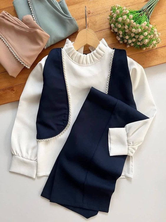 لباس مجلسی دخترانه شیک ۶ تا ۱۰ سال مدل وست مرواریدی با کیفیت عالی ژورنال سورمه ای و ارسال فوری آروما فشن