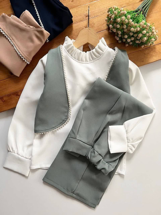 لباس مجلسی دخترانه شیک ۶ تا ۱۰ سال مدل وست مرواریدی با کیفیت عالی ژورنال طوسی و ارسال فوری آروما فشن