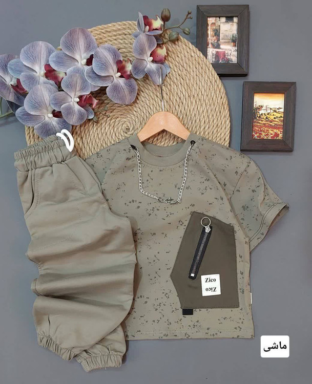 ست تیشرت و شلوار پسرانه رنگ ماشی مدل دمپا گت جنس پنبه و دورس لاکرا شیک و با دوام