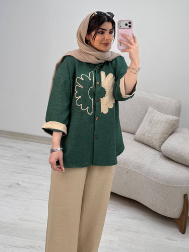 خرید ست شومیز شلوار آفتاب جنس شانتون رنگ سبز کله غازی