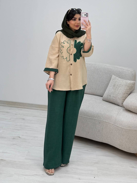 نمای نزدیک پارچه شانتون ست شومیز شلوار آفتاب آروما فشن