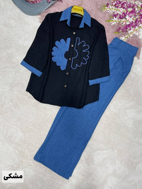 ست دو تیکه شومیز شلوار شانتون آروما فشن رنگ آبی