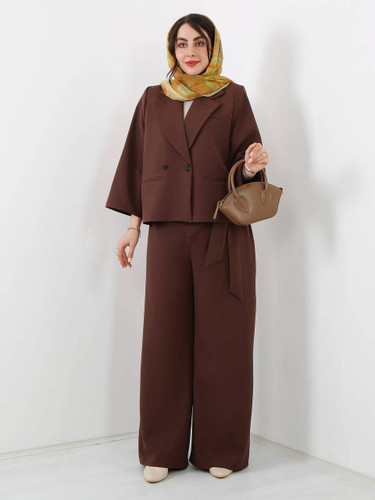 خرید کت و شلوار مزون دوزی باکسی زنانه رنگ شکلاتی شیک آروما فشن