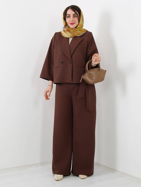 خرید کت و شلوار مزون دوزی باکسی زنانه رنگ شکلاتی شیک آروما فشن