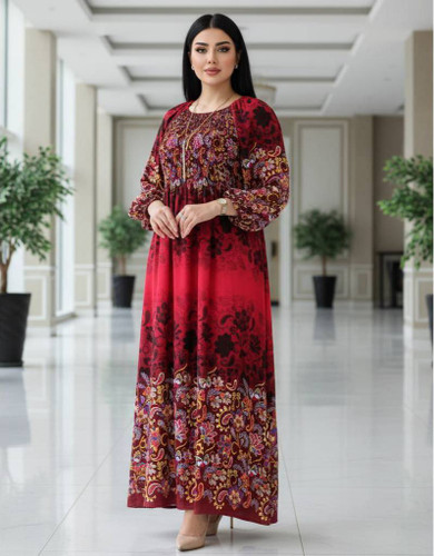 خرید پیراهن ساحلی نخی وارداتی مدل ۸۲۳۰ کمر کش قرمز طرحدار خنک و شیک آروما فشن