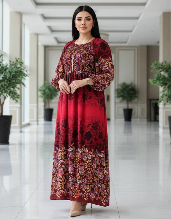 خرید پیراهن ساحلی نخی وارداتی مدل ۸۲۳۰ کمر کش قرمز طرحدار خنک و شیک آروما فشن