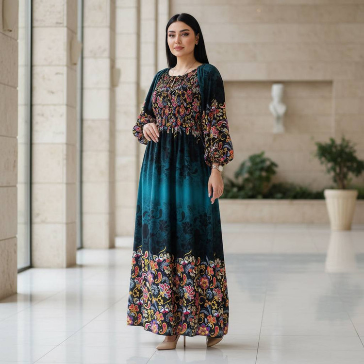 خرید پیراهن ساحلی نخی وارداتی مدل ۸۲۳۰ کمر کش آبی طرحدار خنک و شیک آروما فشن»