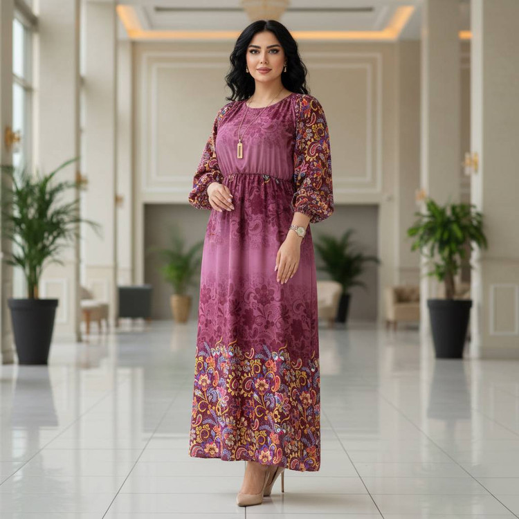 خرید پیراهن ساحلی نخی وارداتی مدل ۸۲۳۰ کمر کش صورتی طرحدار خنک و شیک آروما فشن»