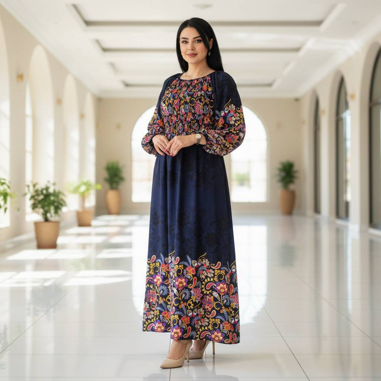 خرید پیراهن ساحلی نخی وارداتی مدل ۸۲۳۰ کمر کش سورمه ای طرحدار خنک و شیک آروما فشن»