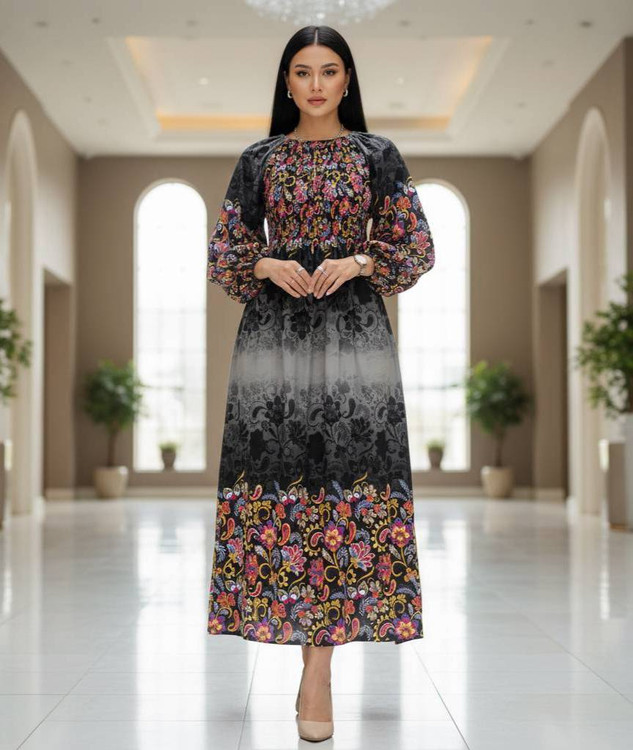 خرید پیراهن ساحلی نخی وارداتی مدل ۸۲۳۰ کمر کش طوسی طرحدار خنک و شیک آروما فشن»