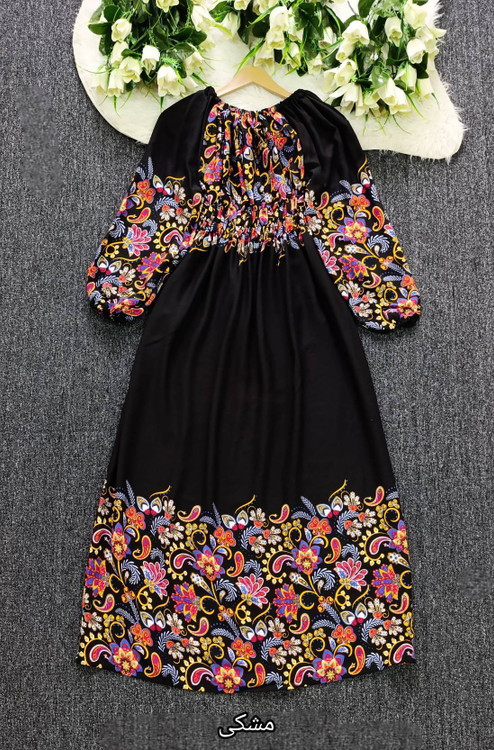 خرید پیراهن ساحلی نخی وارداتی مدل ۸۲۳۰ کمر کش مشکی طرحدار خنک و شیک آروما فشن»