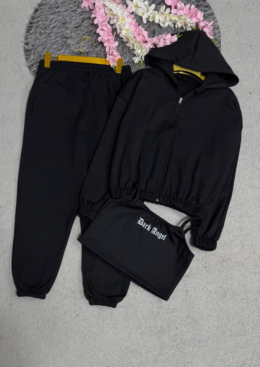 خرید ست سه تیکه هودی شلوار و کراپ دخترانه مدل دارک انجل مشکی با کیفیت عالی در آروما فشن»نمای 2