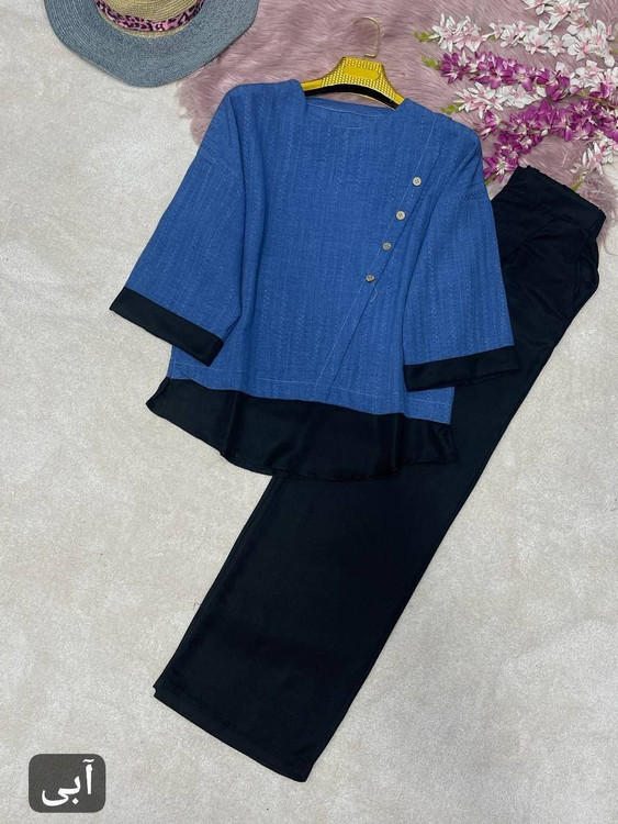 خرید ست شومیز و شلوار زنانه مدل گلشید رنگ آبی شیک و باکیفیت | پوشاک آروما فشن با ارسال فوری