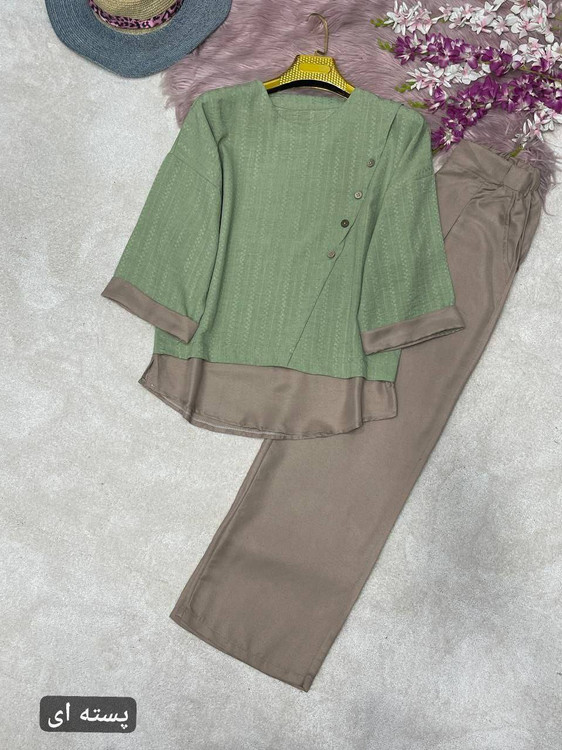 خرید ست شومیز و شلوار زنانه مدل گلشید رنگ پسته ای شیک و باکیفیت | پوشاک آروما فشن با ارسال فوری»