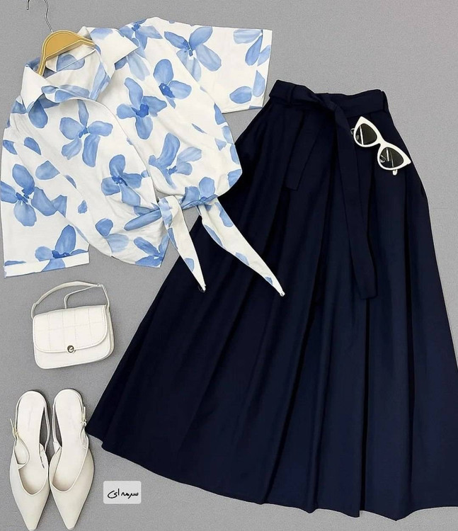 رنگبندی جذاب ست شومیز دامن آفتابگردان در ۵ رنگ مشکی، سرمهای، سبز، آبی و نسکافهای» 🎨 سورمه ای