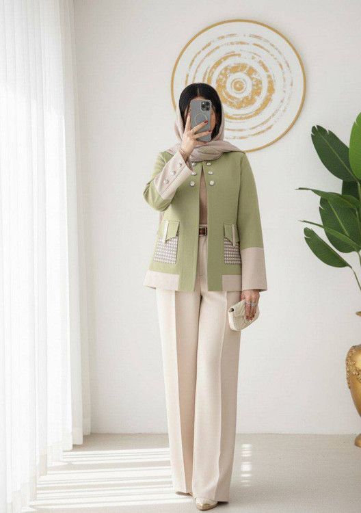 نمای نزدیک از کیفیت پارچه مازراتی توئیست کت و شلوار الیزابت آروما فشن