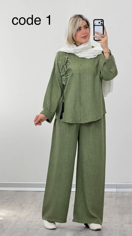 خرید ست شومیز و شلوار زنانه مدل ناهید رنگ سبز شانتون لمهدار با کیفیت تضمینی آروما فشن