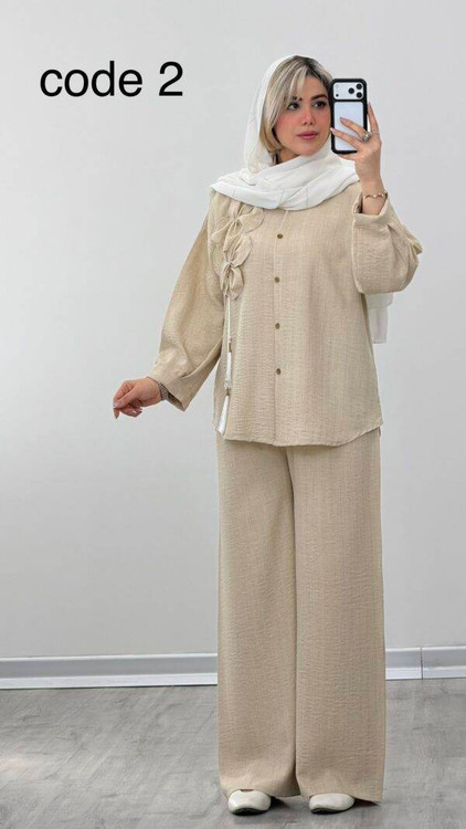 خرید ست شومیز و شلوار زنانه مدل ناهید رنگ کرم شانتون لمهدار با کیفیت تضمینی آروما فشن