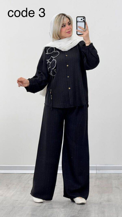 خرید ست شومیز و شلوار زنانه مدل ناهید رنگ مشکی شانتون لمهدار با کیفیت تضمینی آروما فشن