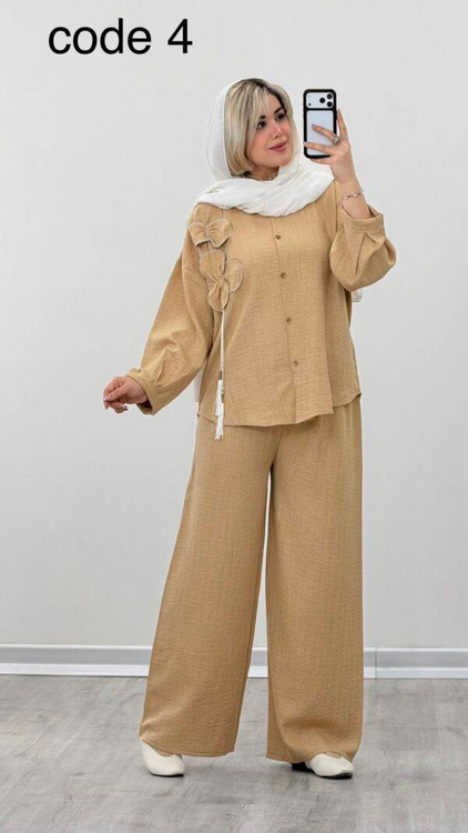 خرید ست شومیز و شلوار زنانه مدل ناهید رنگ نسکافه ای شانتون لمهدار با کیفیت تضمینی آروما فشن