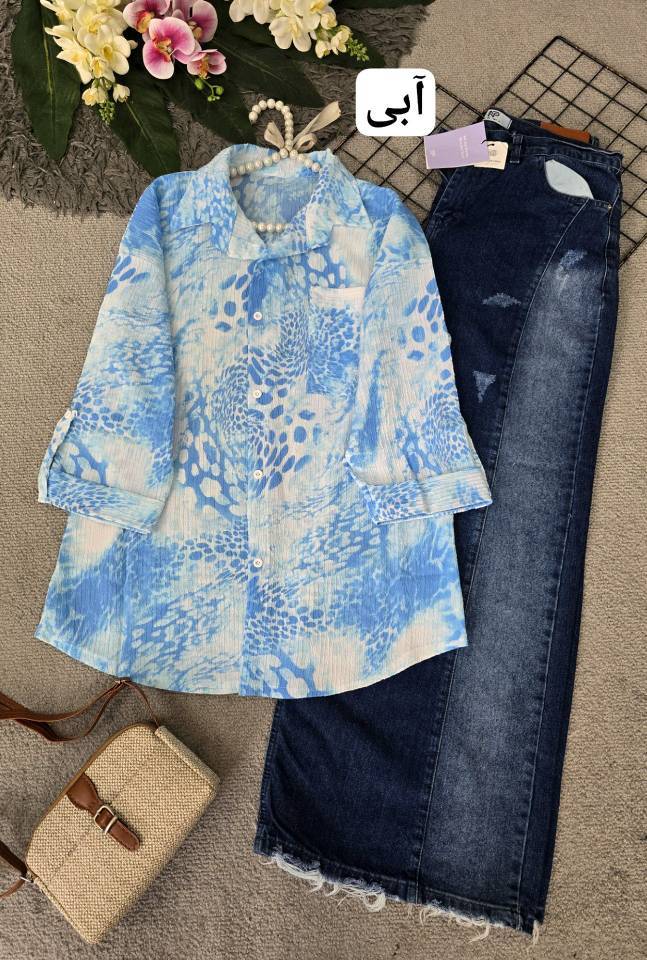 خرید شومیز الگانس جنس کریستال خنک تابستانه رنگ آبی. پوشاک اروما فشن