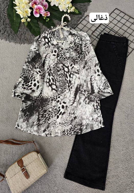 خرید شومیز الگانس جنس کریستال خنک تابستانه رنگ ذغالی پوشاک اروما فشن