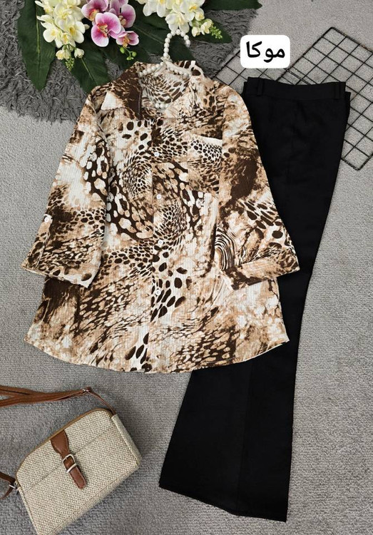 خرید شومیز الگانس جنس کریستال خنک تابستانه رنگ موکا. پوشاک اروما فشن