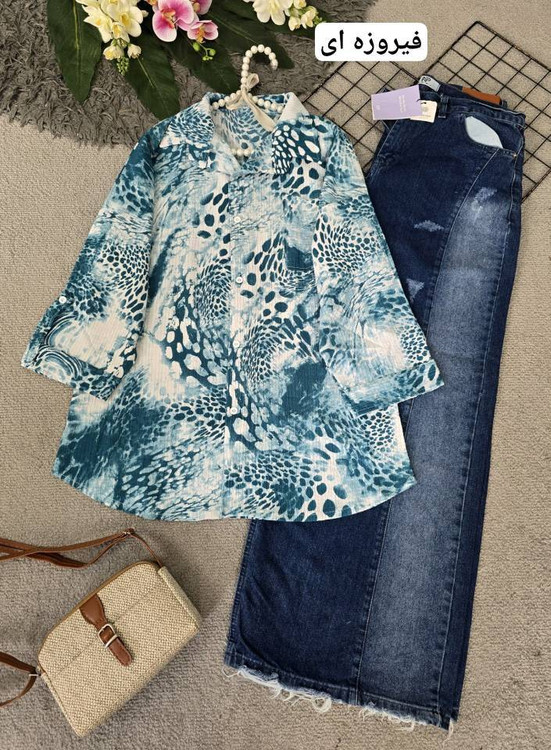 خرید شومیز الگانس جنس کریستال خنک تابستانه رنگ فیروزه ای . پوشاک اروما فشن