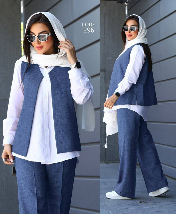 خرید ست سه تکه نگارین وست شومیز شلوار جنس پرشیا آروما فشن سورمه ای شیک