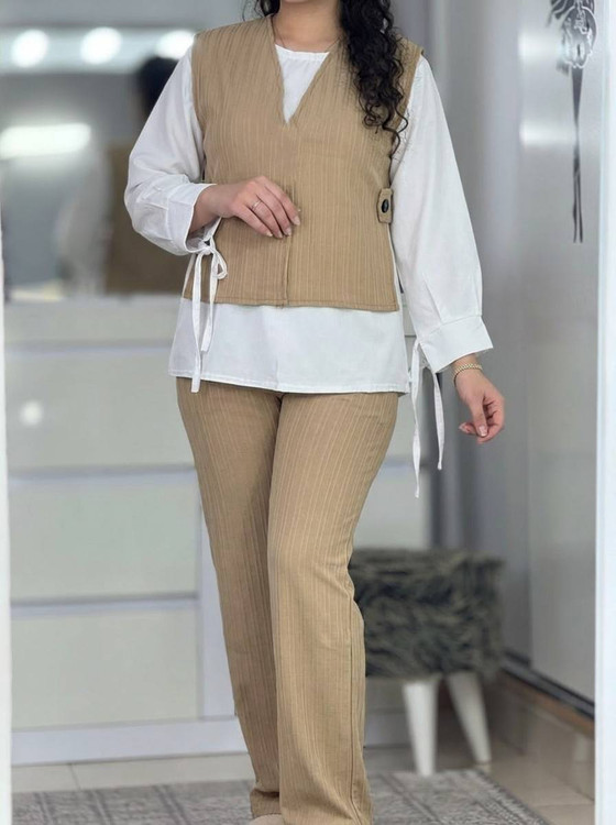 ست سه تیکه عفاف (شومیز، وست و شلوار) مدل شیک و مجلسی رنگ کرم