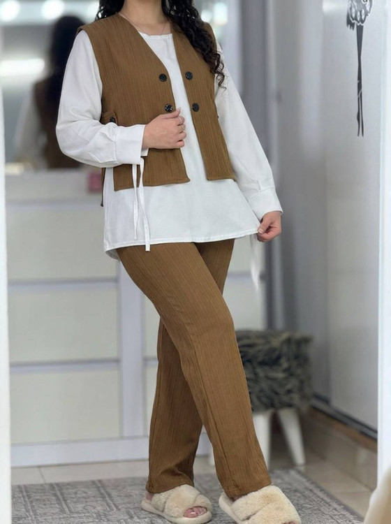 خرید ست سه تیکه عفاف (شومیز، وست و شلوار) مدل شیک و مجلسی رنگ نسکافه ای