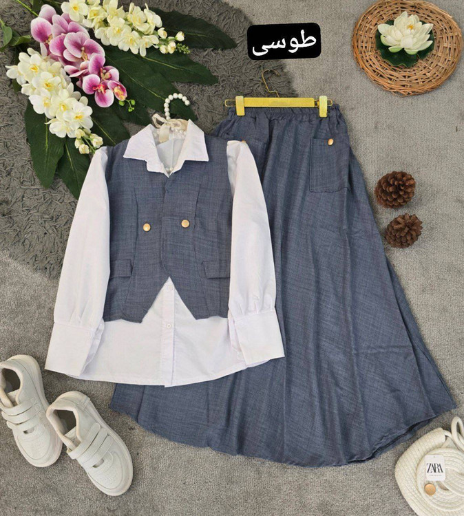 خرید ست سه تیکه مدل ژینا شانتون مزونی طوسی تیره پوشاک آروما فشن کد 1184