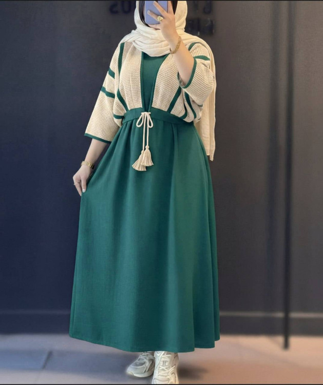 کت و سارافون حدیث مدل شانتون و حصیری دو تیکه شیک آروما فشن سبز چمنی