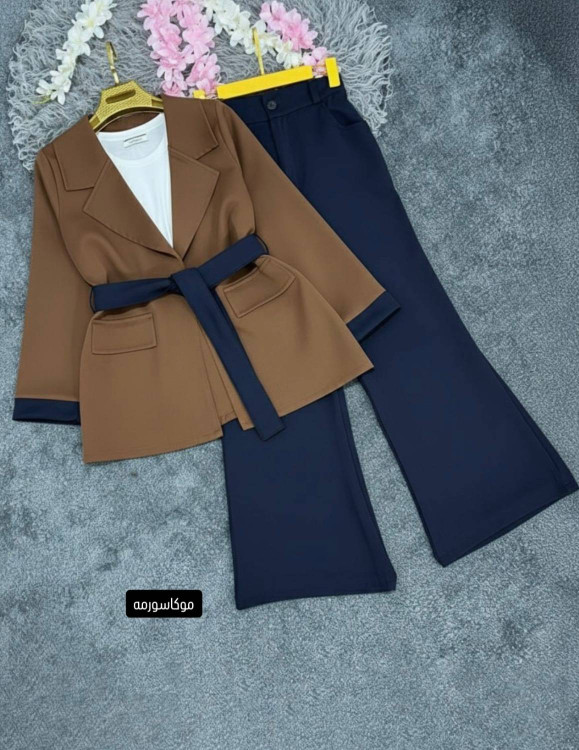 کت شلوار مجلسی سارینا رنگ موکا سورمه تنخور عالی Sarina Formal Suit Mocha Navy