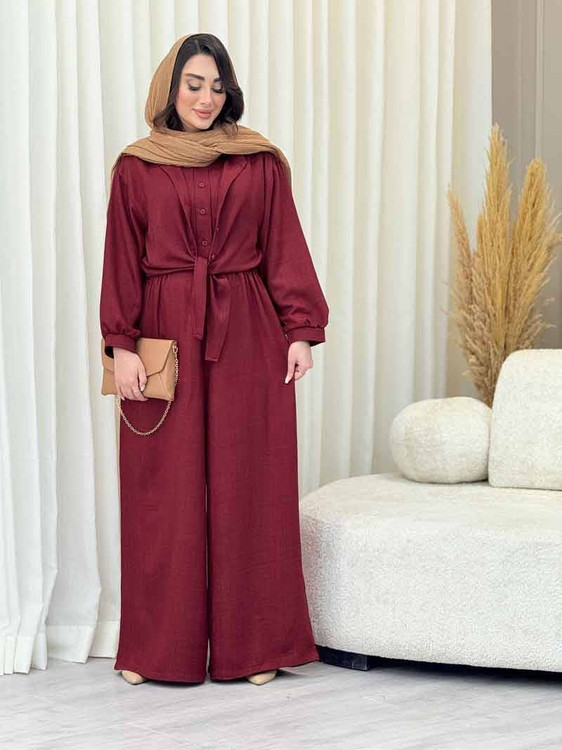 خرید مدل نوژان ست شومیز و اورال شانتون با کیفیت رنگ زرشکی در فروشگاه پوشاک آروما فشن با قیمت عالی و ارسال فوری