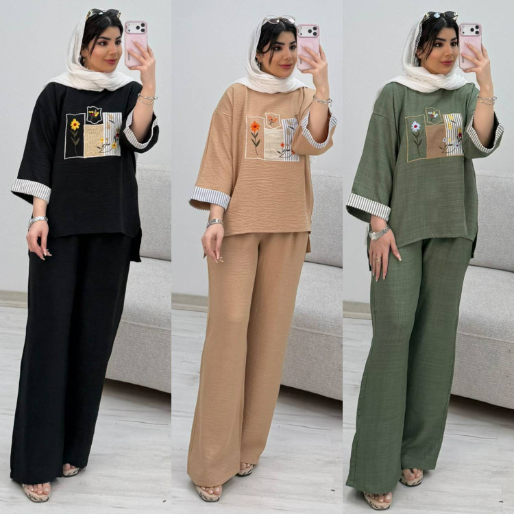 ست شومیز و شلوار زنانه مدل سوگند رنگ مشکی گلدوزی شده - پوشاک آروما فشن