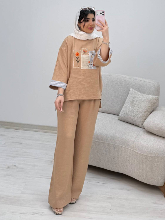 ست دو تیکه شومیز شلوار زنانه رنگ کنفی مدل سوگند مناسب سایز ۳۸ تا ۴۶