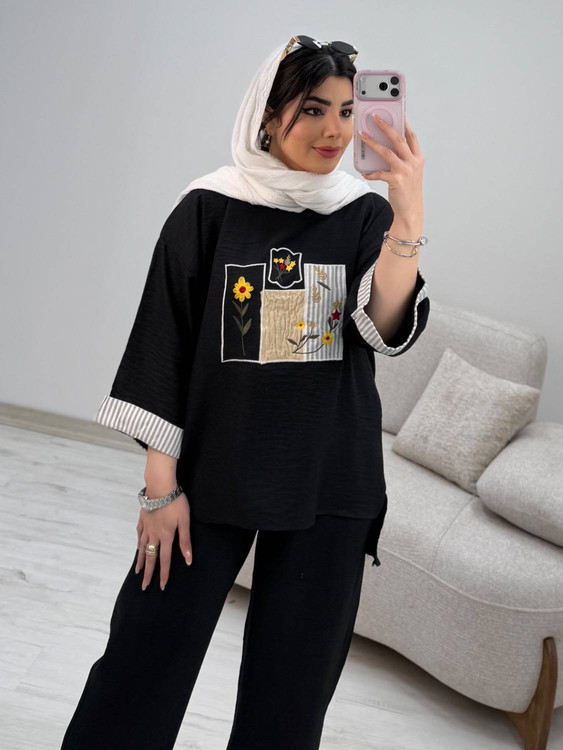 ست شومیز و شلوار شیک زنانه مدل سوگند رنگ سورمهای تیره - پوشاک آروما فشن