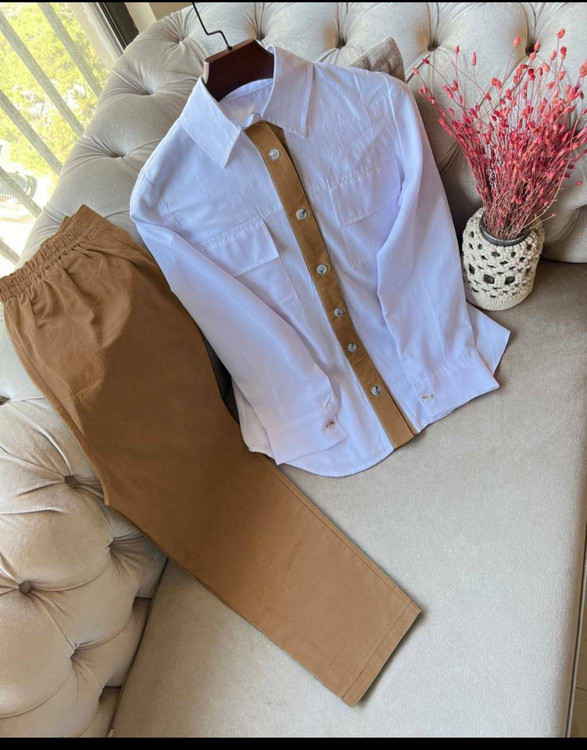 شومیز شلوار فیروزه زنانه جنس لینن درجه یک آروما فشن ست شیک و خنک تابستانی کرم ۲