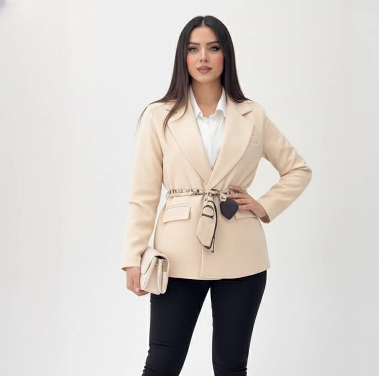 جدیدترین مدل کت زنانه با کمربند ساتن طرح باندانا رنگ قهوهای