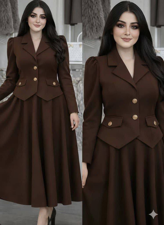 خرید کت دامن جیهان زنانه دوخت مزونی جنس مازراتی درجه ۱ آروما فشن مدل جدید ۲۰۲۶ قهوه ای