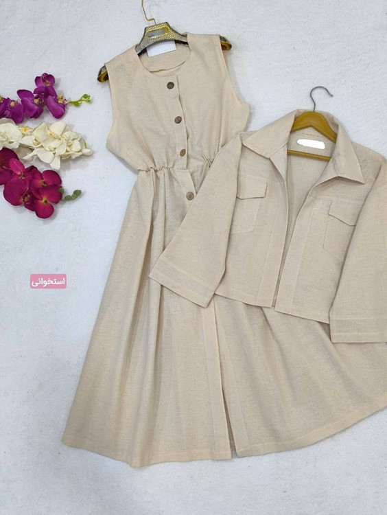 نمای نزدیک پارچه لینن کت و سارافون هلند سبز تیره با کیفیت تضمینی 🌿💎