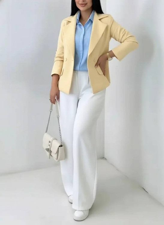 ست کت و شلوار زنانه رامیلا رنگ کرهای مزونی با پارچه کرپ مازراتی درجه یک👌⚜️