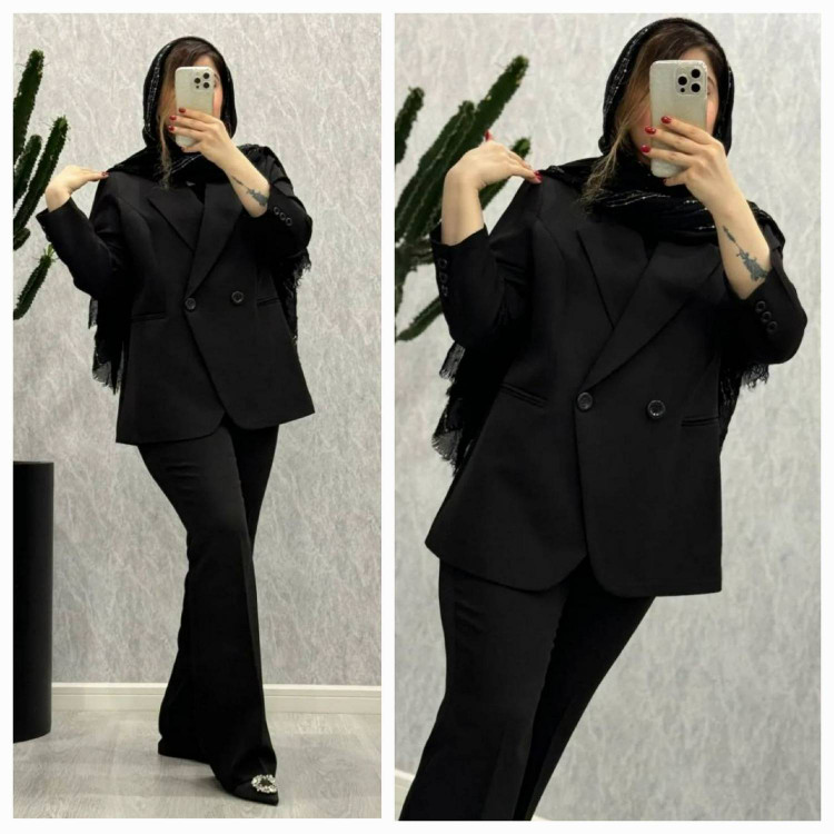 کت شلوار بهاران مشکی مزونی شیک با تنخور عالی و جنس کرپ مازراتی لاییکوبی شده آروما فشن👗✨
