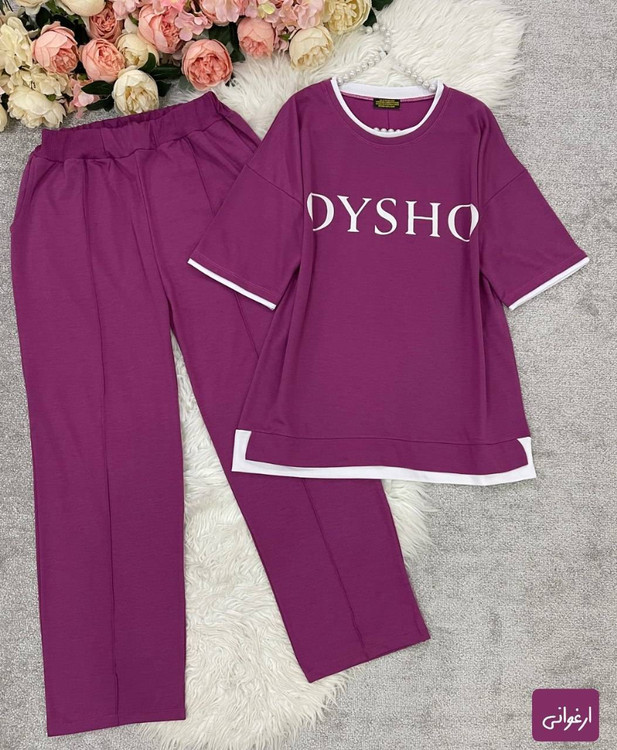 ست تیشرت و شلوار زنانه گلکسی پنبه درجه ۱ مدل OYSHO رنگ ارغوانی آروما فشن