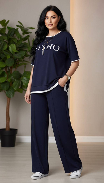 ست تیشرت و شلوار زنانه گلکسی پنبه درجه ۱ مدل OYSHO رنگ سورمه ای آروما فشن